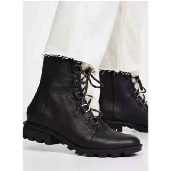 Sorel Phoenix Black Leather Shearling Sherpa Lined Boots Size 8 Outdoor - Picture 1 of 9